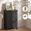 Black 3-drawer wood nightstand with vintage handles, ideal for bedside storage and elegant room decor.