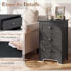 Black 3-drawer nightstand with vintage handles and smooth surface, perfect for bedside or living room storage.