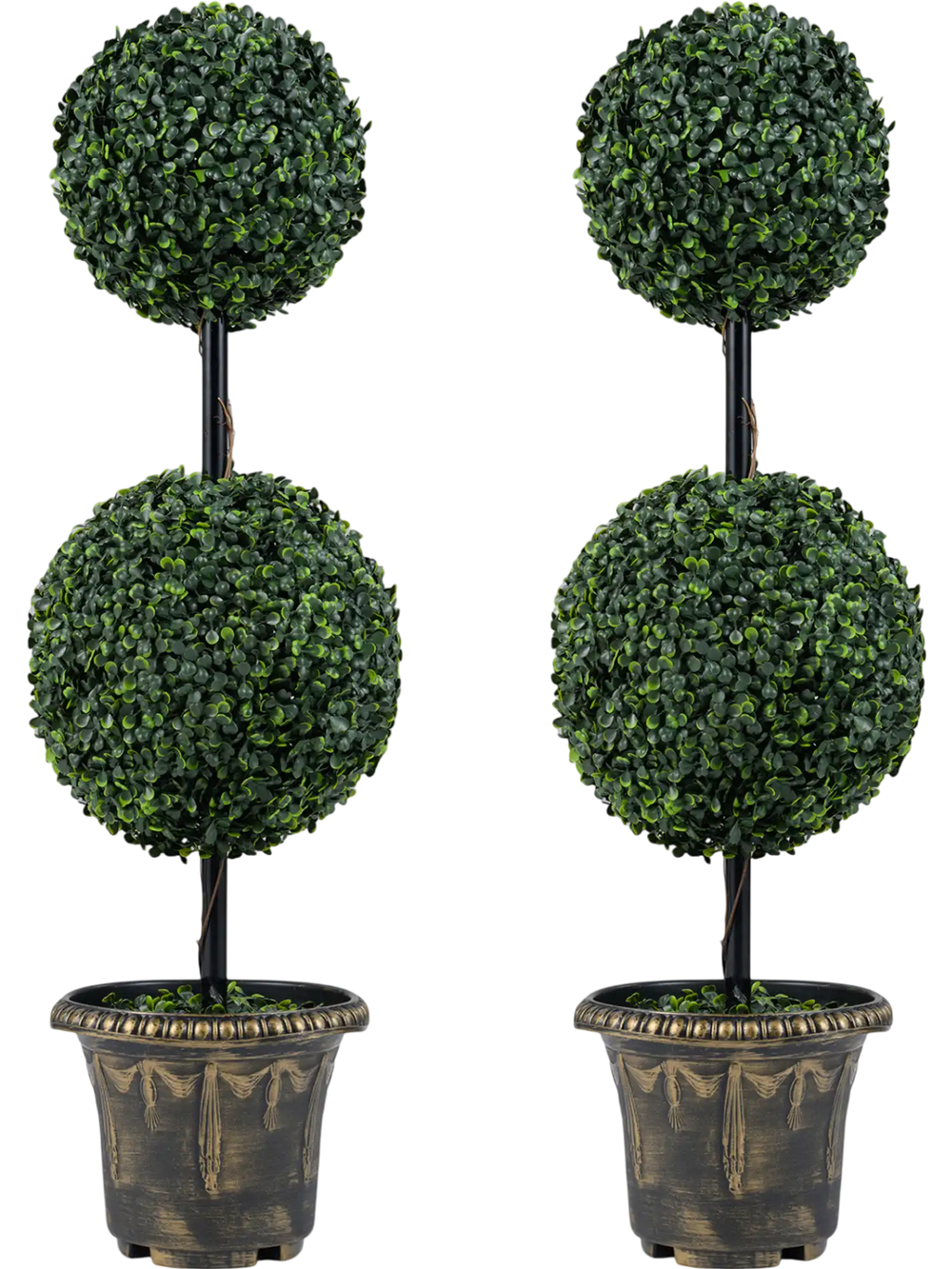 Set of 2, 3 FT artificial boxwood topiary trees with double ball design in black-golden planters for indoor or porch.