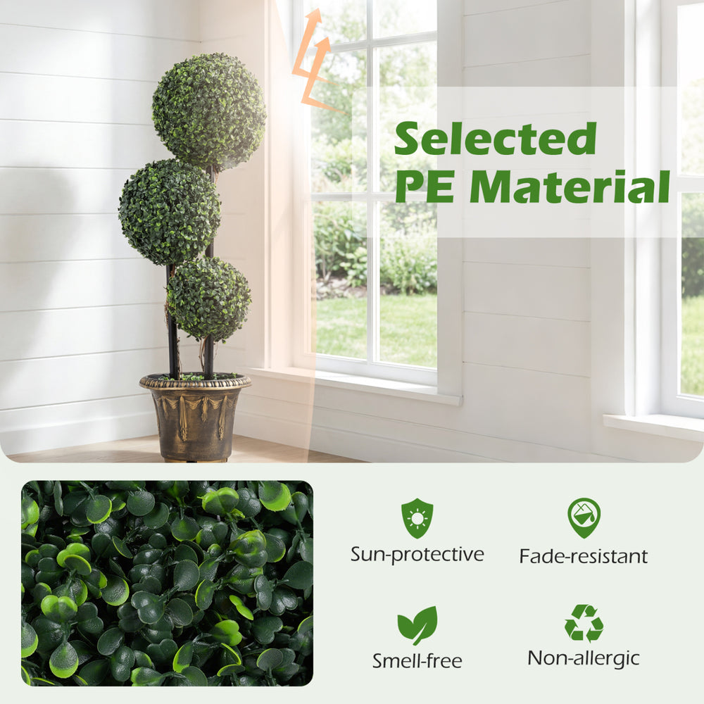 3 FT artificial boxwood topiary tree with double ball design in a black-golden planter, ideal for indoor and porch.