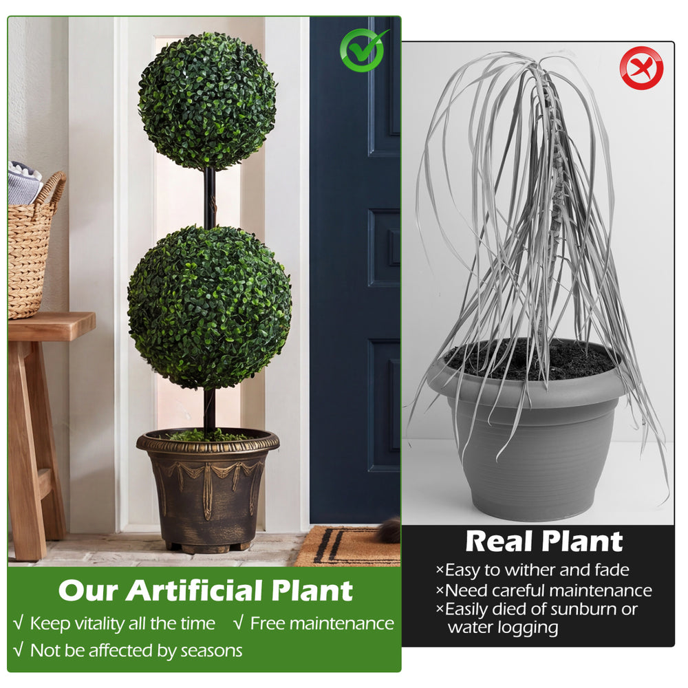 3 FT artificial boxwood topiary tree in a black-golden planter, ideal for indoor and porch decoration with free.