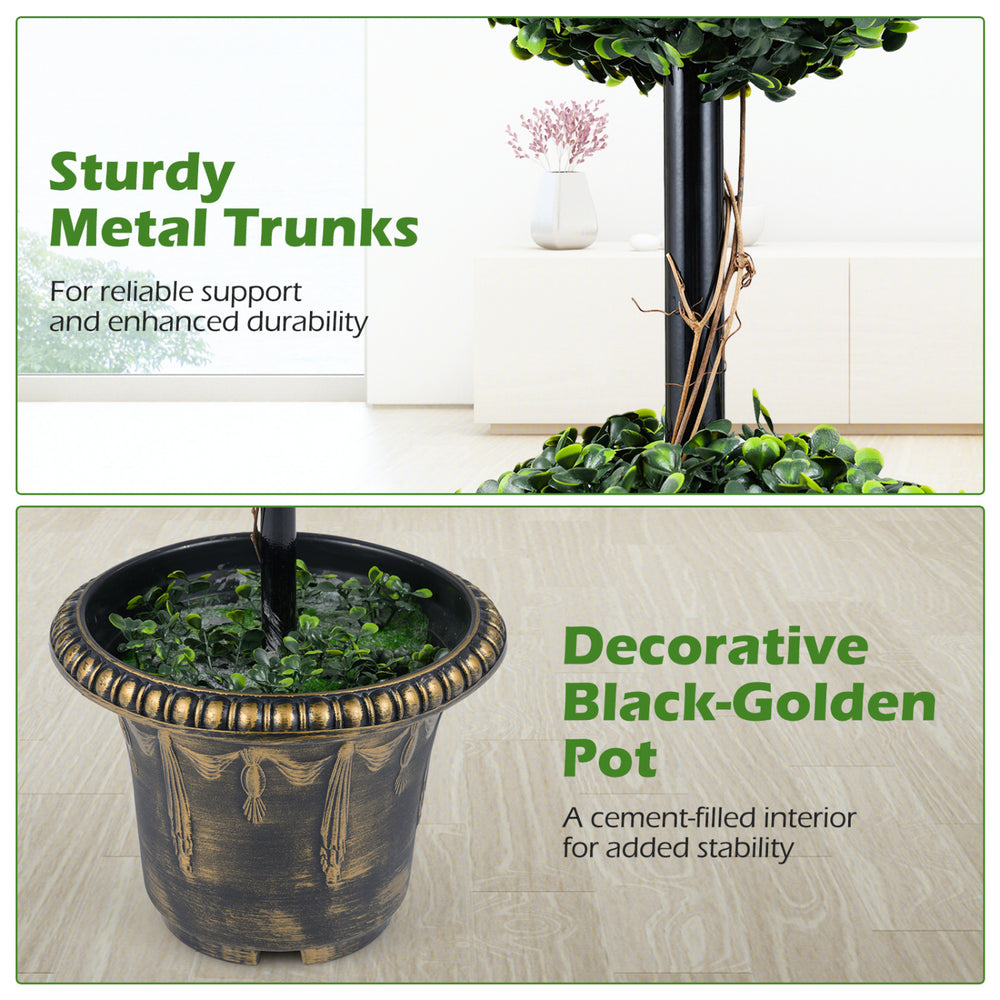 Sturdy metal trunks support the 3 FT artificial boxwood topiary tree in a decorative black-golden pot for indoor.