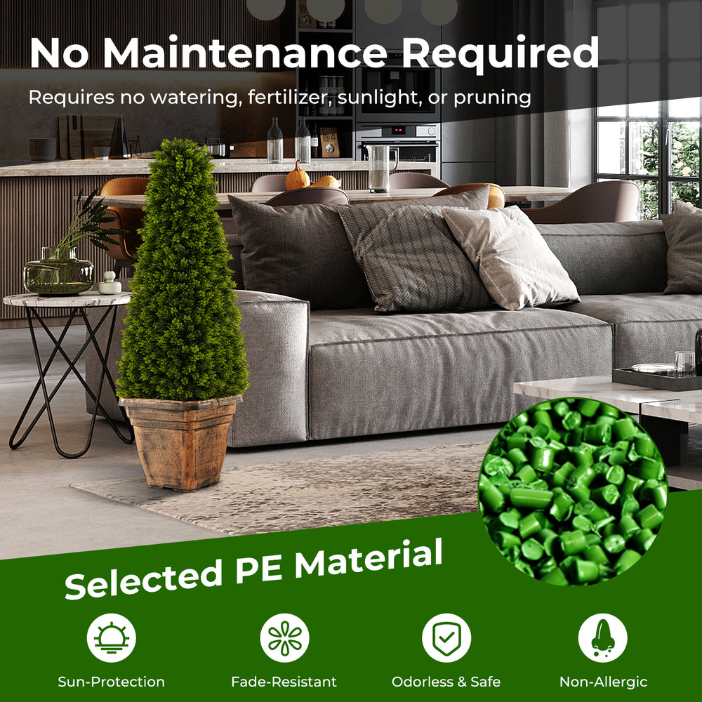 3 feet artificial boxwood topiary tree in a cement flowerpot, featuring lush green PE leaves for indoor and outdoor.