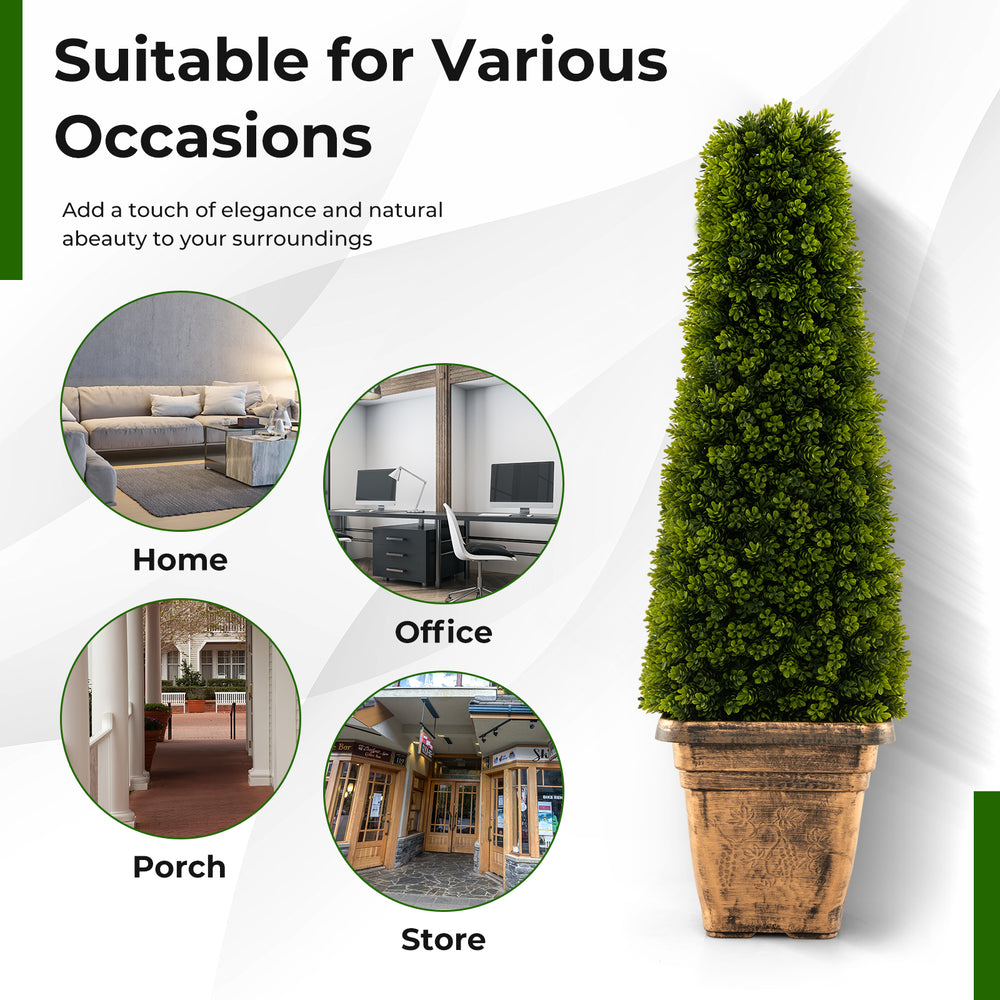 Cone-shaped 3 feet artificial boxwood topiary tree in a cement flowerpot, perfect for home, office, or porch decoration.