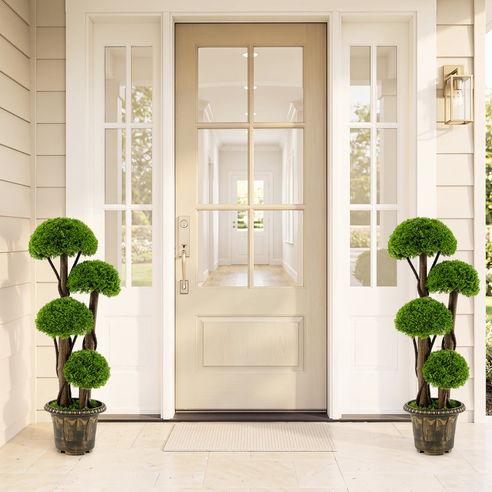 3 FT artificial cypress topiary tree with ball-shaped foliage and real wood trunks, perfect for indoor or outdoor decor.