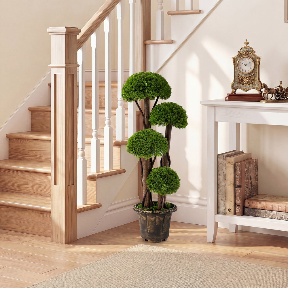 3 FT artificial cypress topiary tree showcasing twisted PE vines and vibrant green ball-shaped foliage in a decorative.
