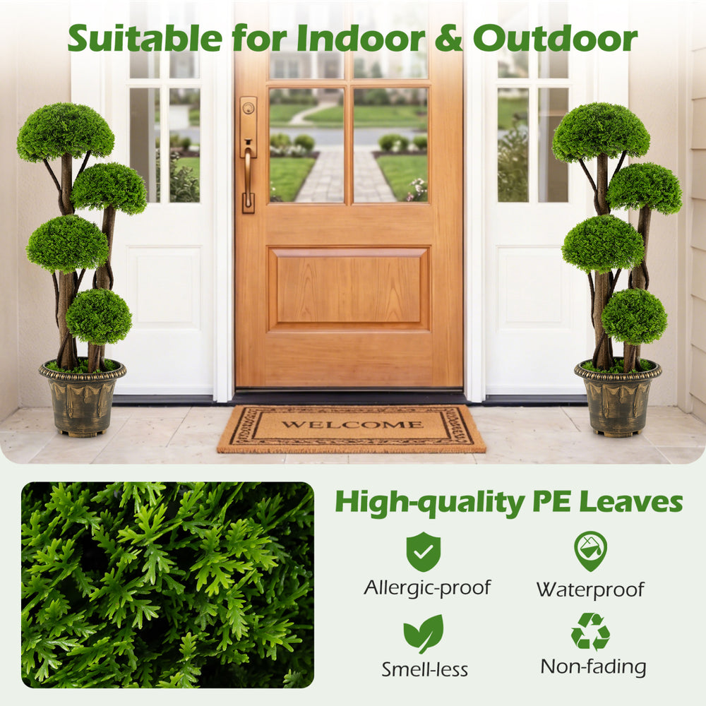 3 FT artificial cypress topiary tree with dense green foliage and real wood trunks, suitable for indoor and outdoor.