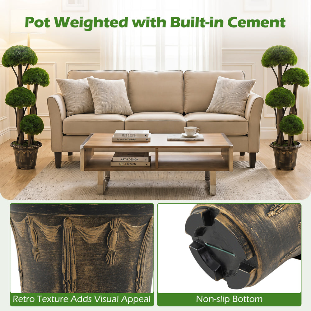 Artificial cypress topiary tree with dense green foliage in a retro-style pot, ideal for indoor and outdoor decor.