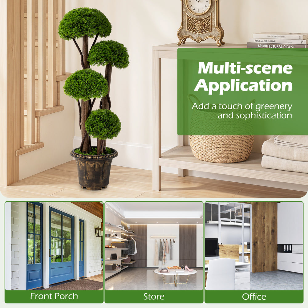 3 FT artificial cypress topiary tree with dense green foliage and real wood trunks, perfect for indoor or outdoor decor.
