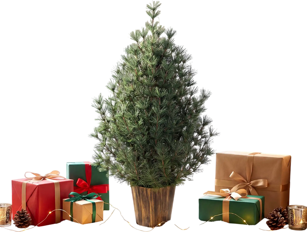 3 FT artificial potted Christmas tree with lightly sparse branches and a distressed gold flowerpot, perfect for festive decor.