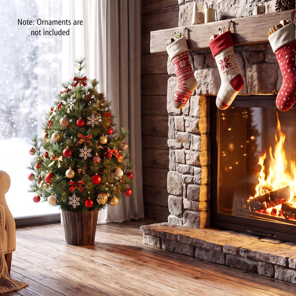 3 FT artificial potted Christmas tree with a distressed gold flowerpot, perfect for adding festive charm to small spaces.