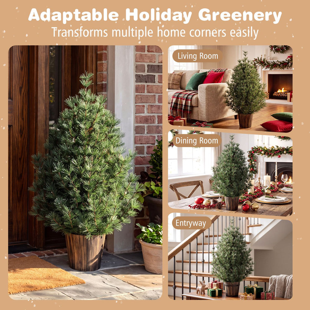 3 FT artificial potted Christmas tree with a distressed gold flowerpot, perfect for festive decoration in small spaces.