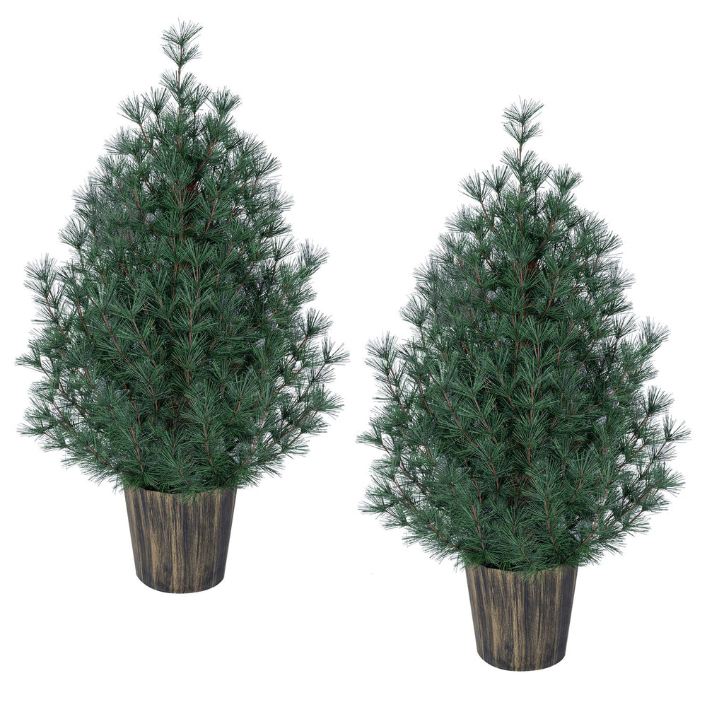 Set of 2, 3 ft artificial potted Christmas trees with vintage flowerpot, perfect for festive decor in small spaces.