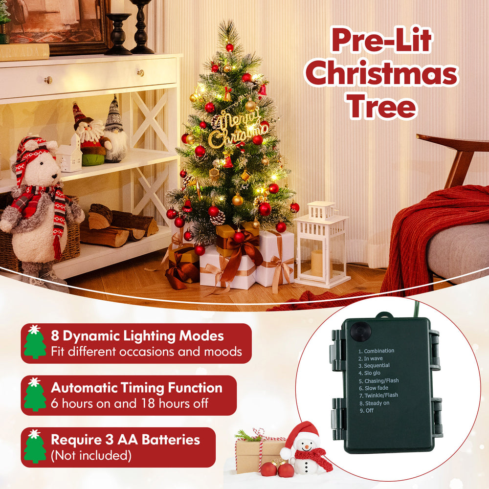3 FT battery-operated tabletop Christmas tree with warm-white LED lights, adorned with red berries and pine cones for.