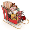Christmas metal sleigh decoration with vibrant red body and gold scrollwork, featuring 2-tier storage for gifts.