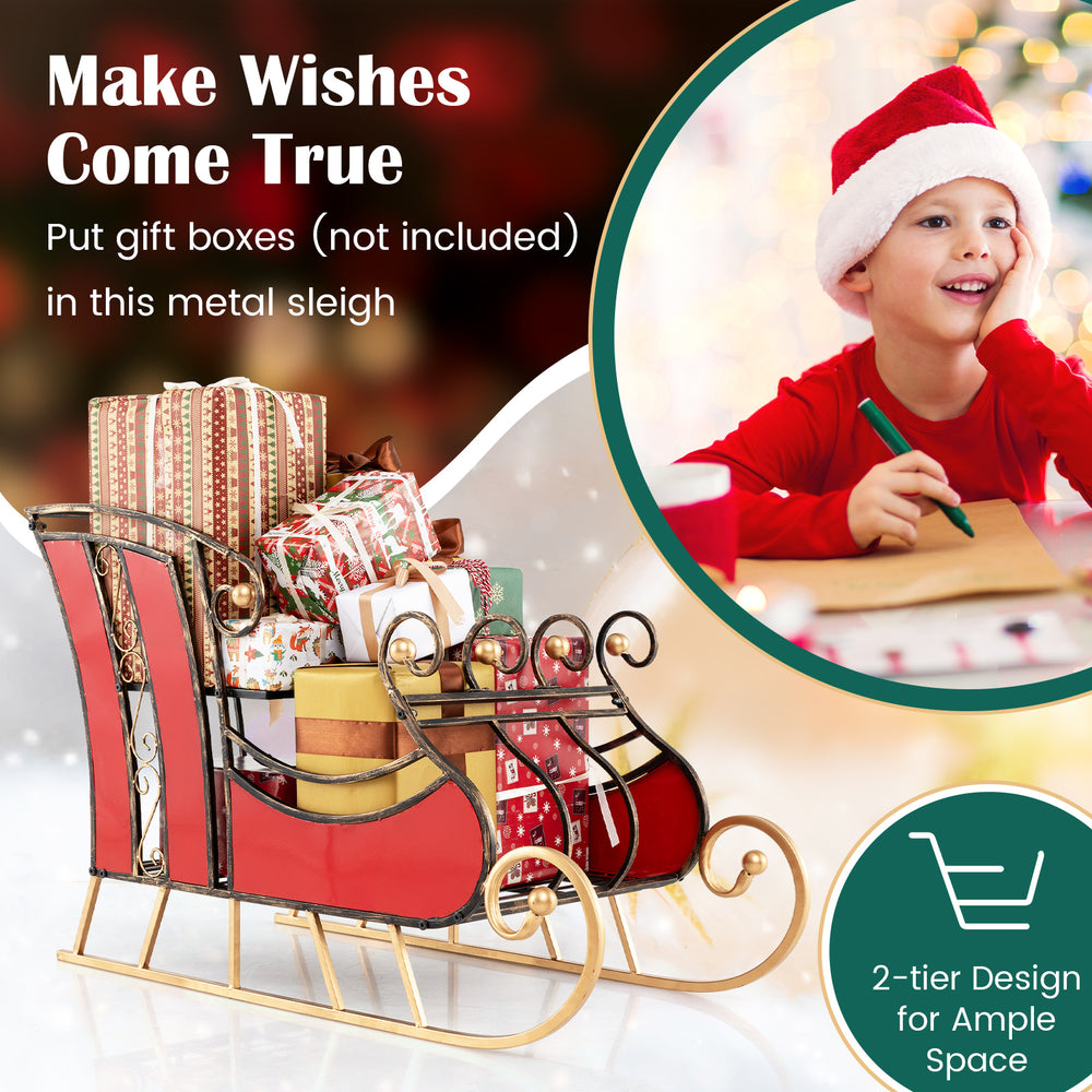 Christmas metal sleigh decoration with vibrant red finish and 2-tier design, perfect for displaying gifts indoors or.
