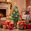 3 FT pre-lit Christmas tree with 40 LED lights, gold urn base, red berries, and pine cones, perfect for festive decor.