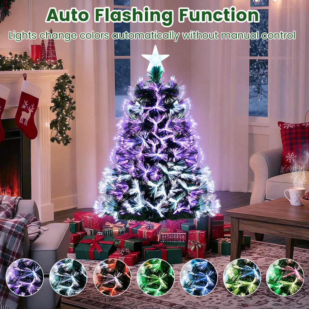 3 feet fiber optic Christmas tree with 93 branch tips and star topper, featuring auto color-changing lights for festive.