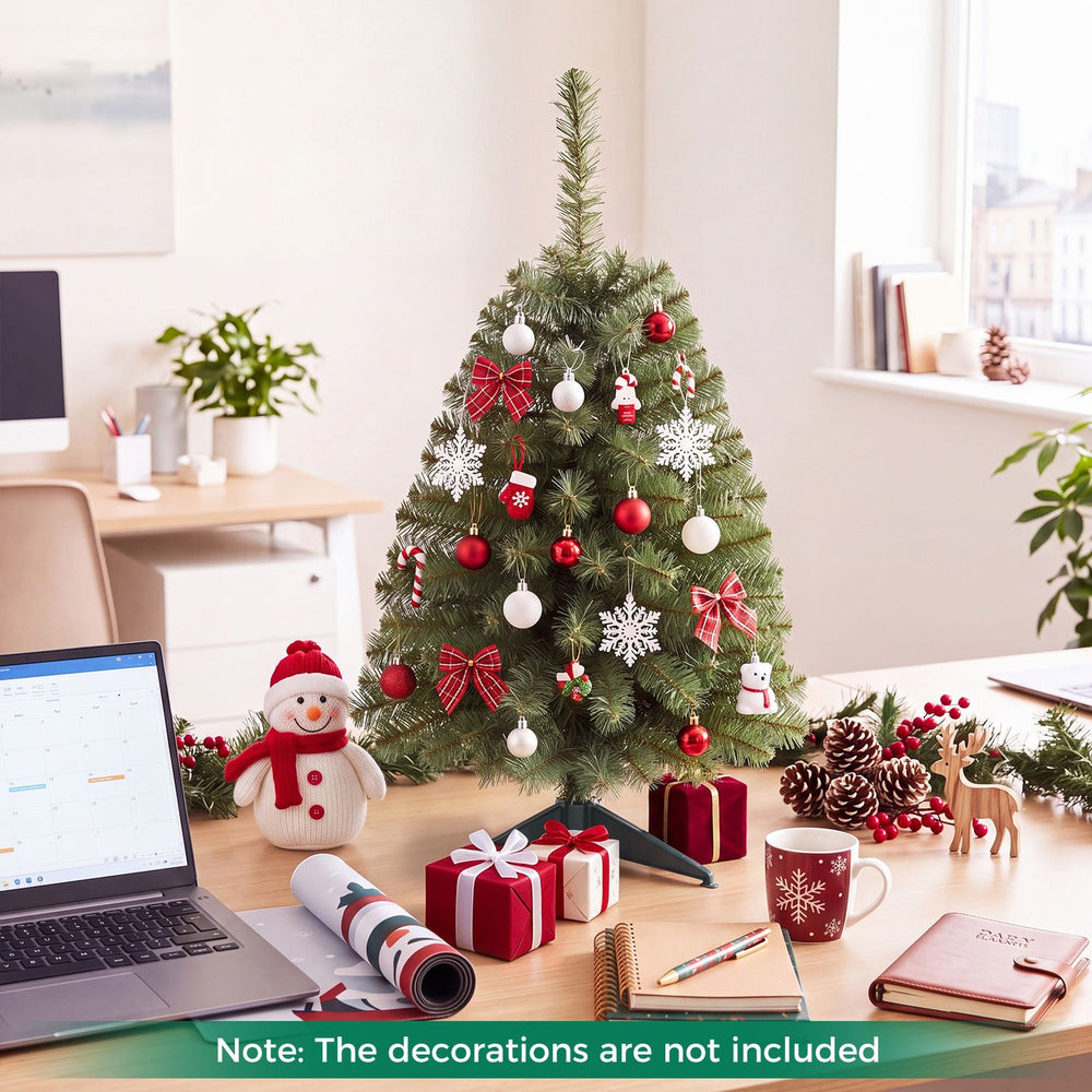 3 FT mini tabletop Christmas tree with 113 green PVC branch tips, decorated for a festive desktop display.