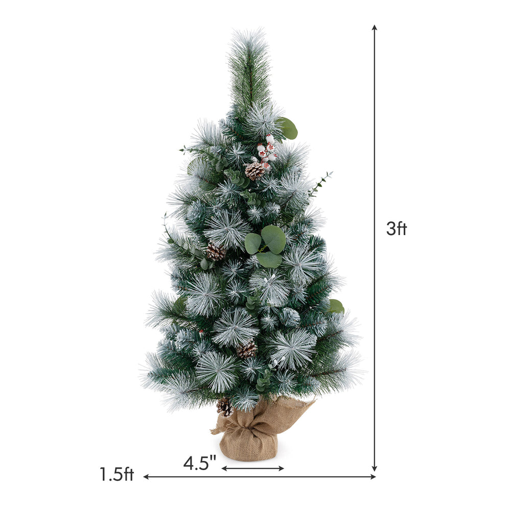 3 FT pre-lit artificial mini Christmas tree with flocked PVC, adorned with berries and a burlap base, ideal for festive.