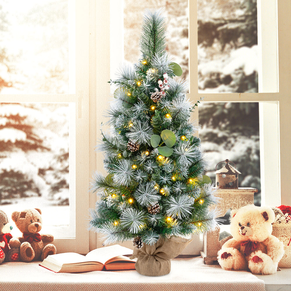3 FT pre-lit artificial mini Christmas tree with flocked PVC, adorned with white berries and a burlap base, perfect for.