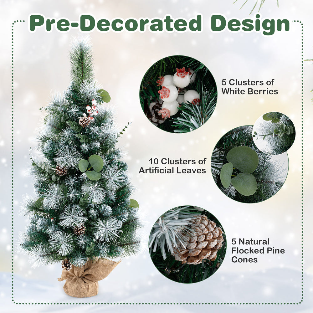 3 FT pre-lit artificial mini Christmas tree with white berries, pine cones, and burlap base, perfect for festive.