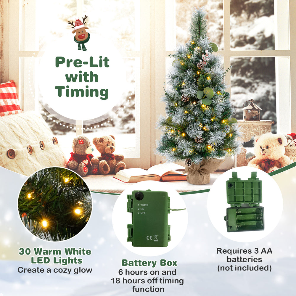 3 FT pre-lit artificial mini Christmas tree with 30 warm white LED lights, adorned with berries and frosted pine cones.