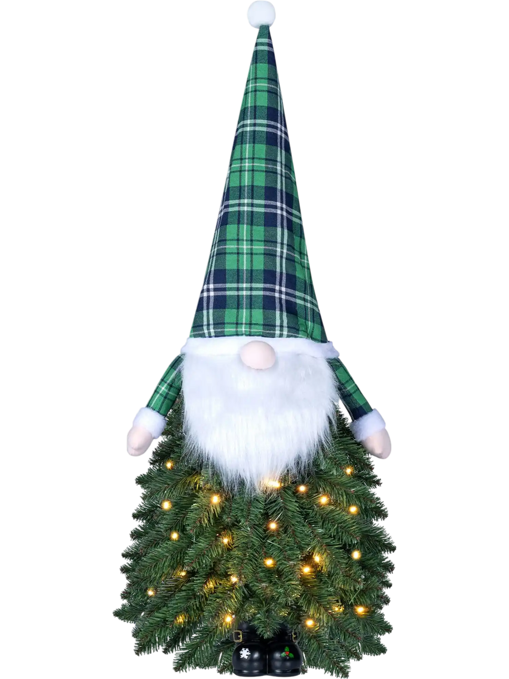 Santa-inspired 3 ft pre-lit tabletop Christmas tree features 20 warm white LED lights and 8 lighting modes for festive charm.