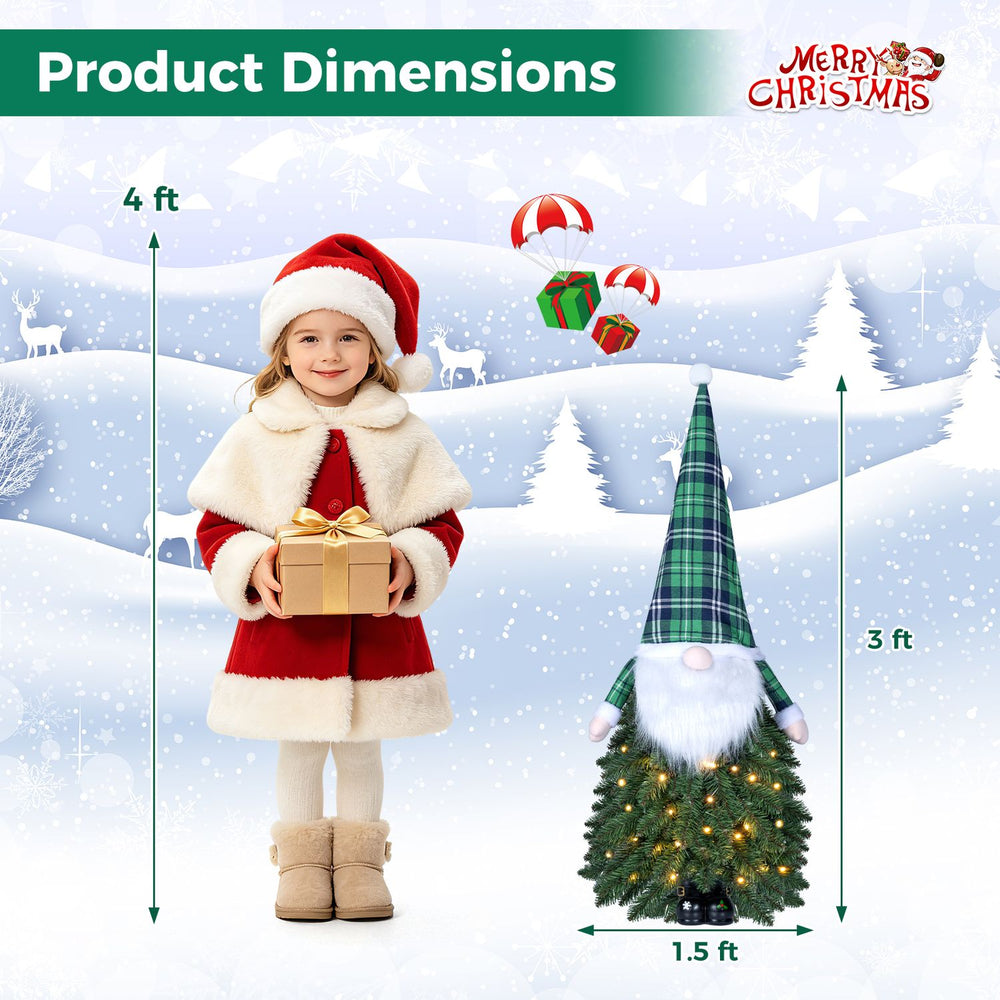 3 ft pre-lit tabletop Christmas tree with 20 warm white LED lights and Santa-inspired design, perfect for festive decor.