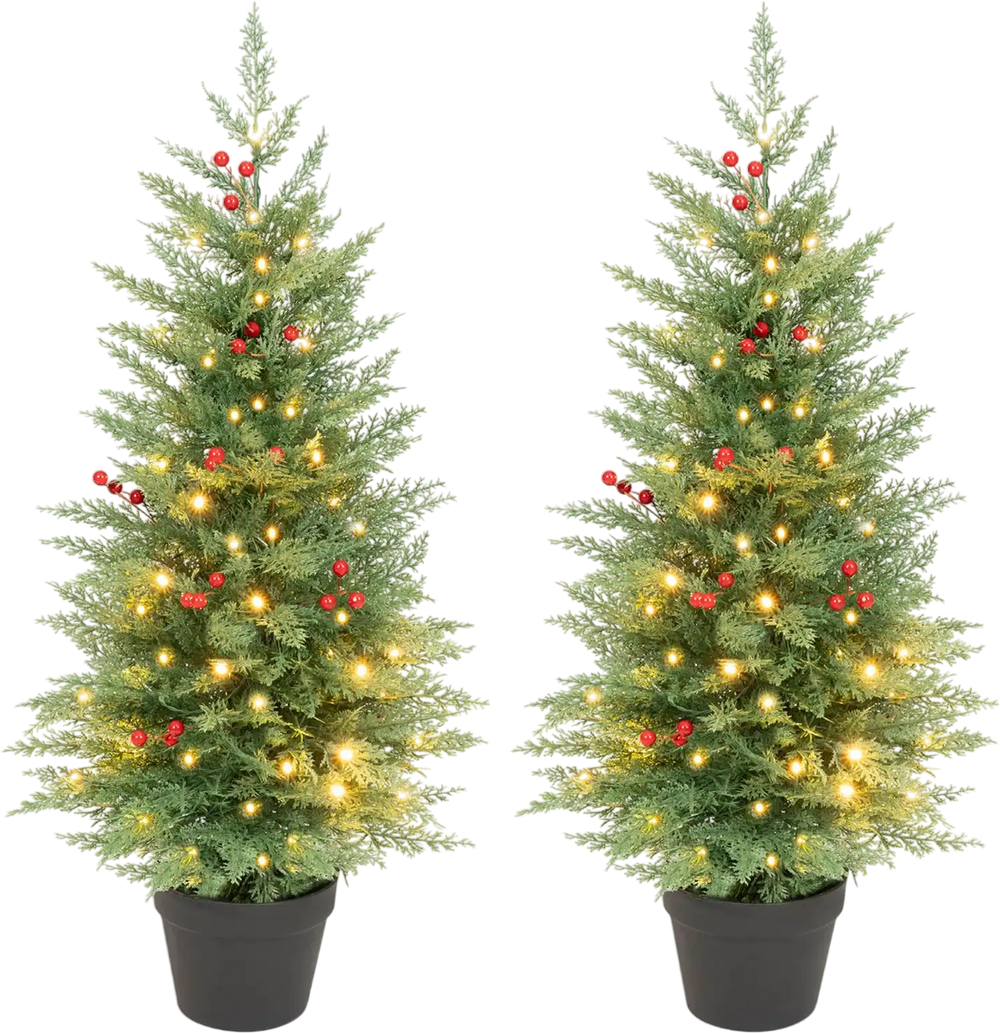 Set of 2 pre-lit 3 FT potted Christmas trees with 90 branch tips and 50 LED lights for festive holiday charm.