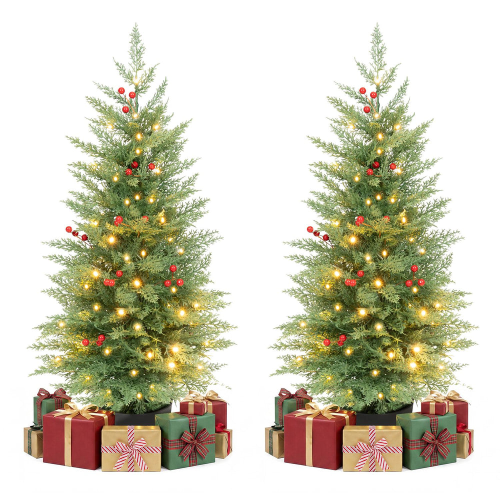 Set of 2 pre-lit potted Christmas trees with 90 branch tips and 50 LED lights, perfect for festive holiday displays.