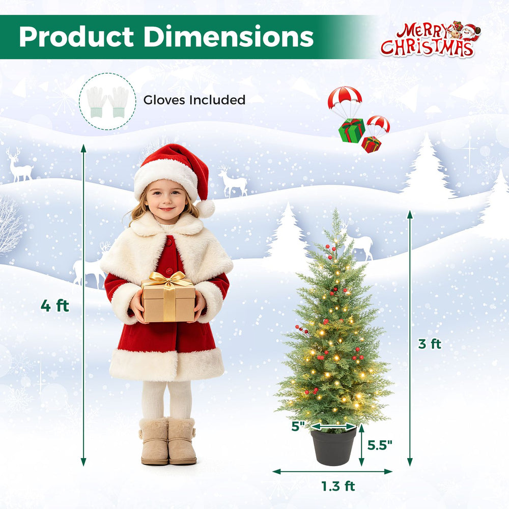 3 FT pre-lit potted Christmas tree set of 2 with 50 LED lights and 90 branch tips, perfect for festive holiday displays.
