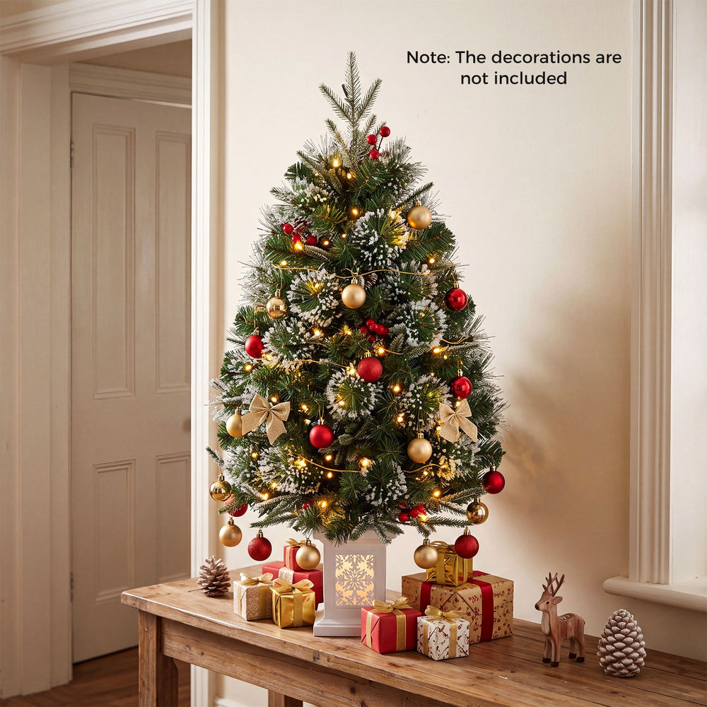 3 FT pre-lit potted Christmas tree with 80 warm white LED lights, featuring abundant greenery and 8 lighting modes for festive decor.