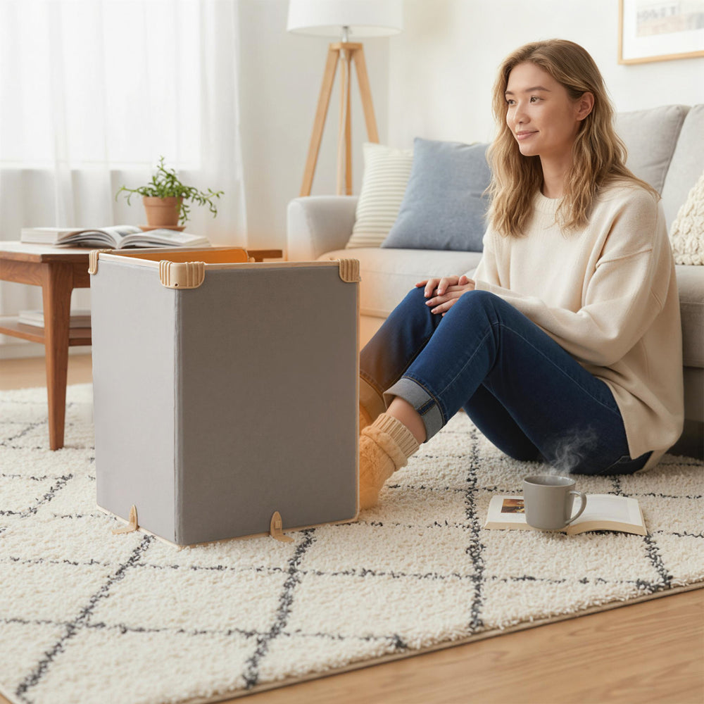 The beige 3-fold under desk space heater features a 3-level thermostat and tip-over protection for safe, efficient warmth.