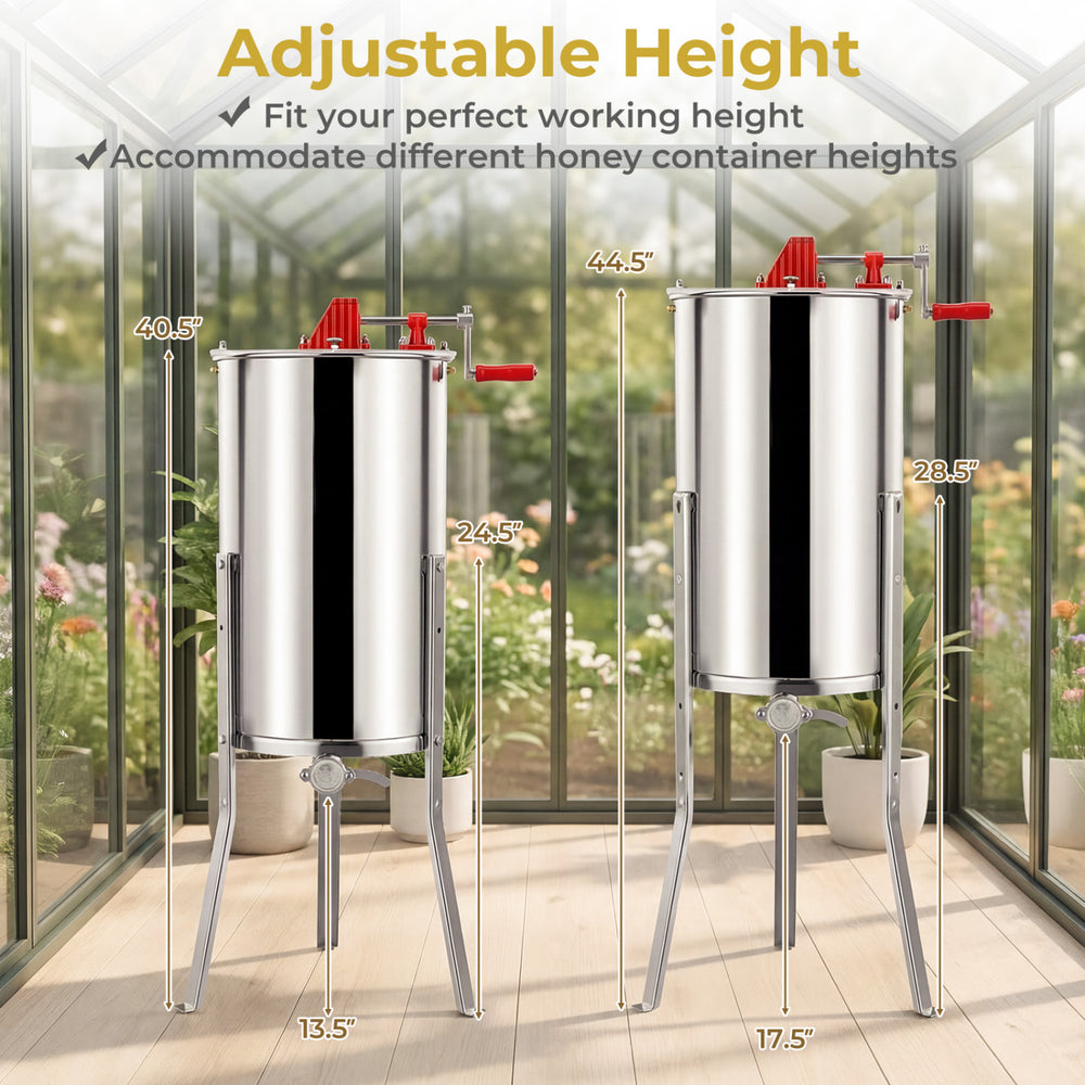 3 Frame Manual Honey Extractor with adjustable height, clear lid, and stainless steel for home apiary use.