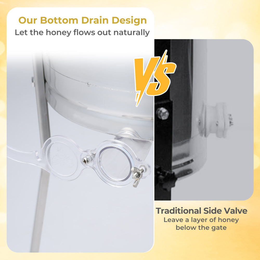 Comparison of honey extractor designs, highlighting the bottom gravity flow gate for easy honey drainage.
