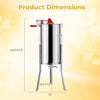 Dimensions of the 3 Frame Manual Honey Extractor, featuring a clear lid and adjustable legs for easy use.