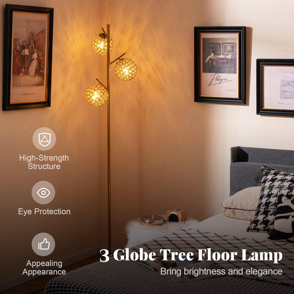 3-globe floor lamp with acrylic shades, golden finish, foot switch, ideal for homes and cafes, providing soft light.