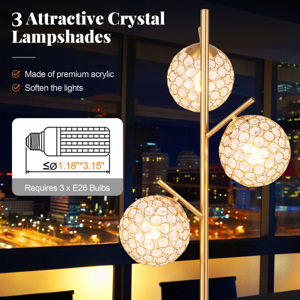 Three-globe floor lamp with golden finish, acrylic shades, and foot switch, ideal for homes and cafes.
