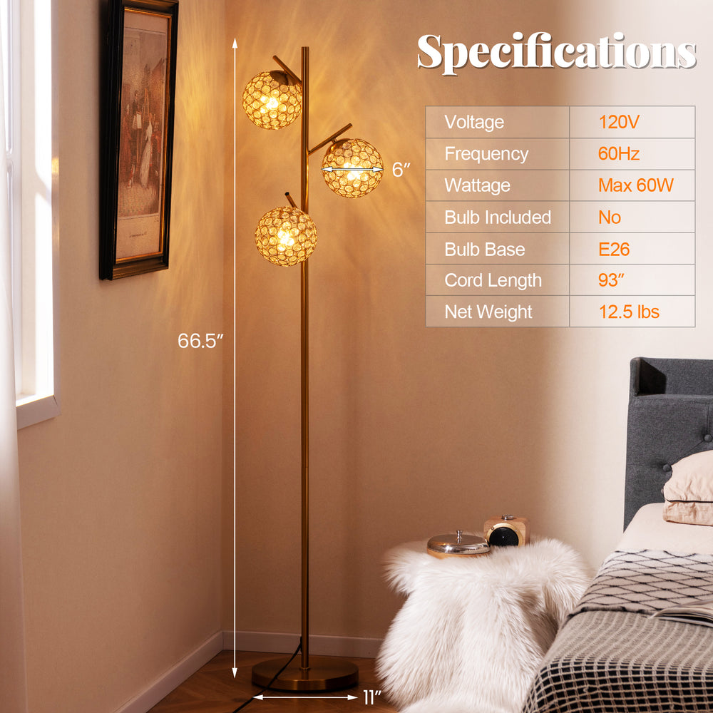 3-globe floor lamp with golden finish, foot switch, and E26 bulb bases, ideal for home or cafe lighting.
