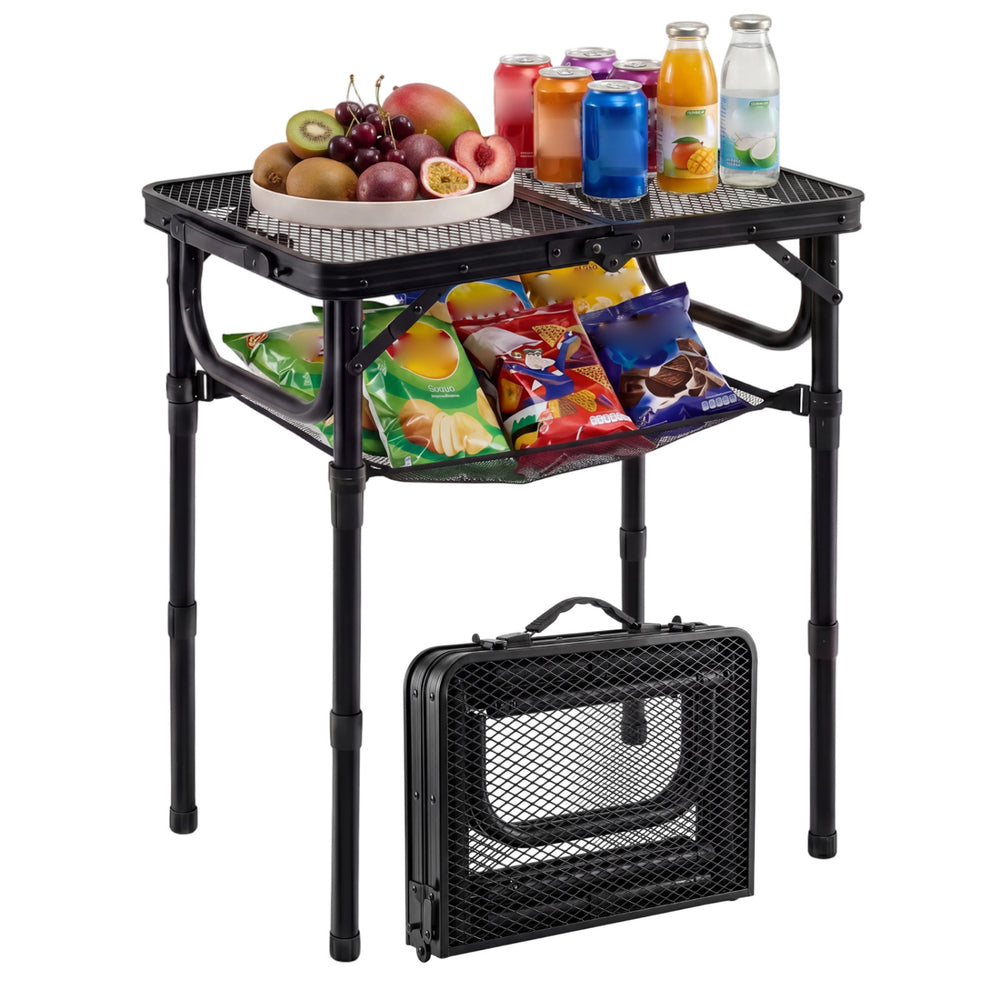 Folding camping table with adjustable height, aluminum build, and large storage net, ideal for outdoor picnics and BBQs.