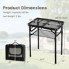 Folding camping table with adjustable height, large storage net, and lightweight aluminum build for easy transport.