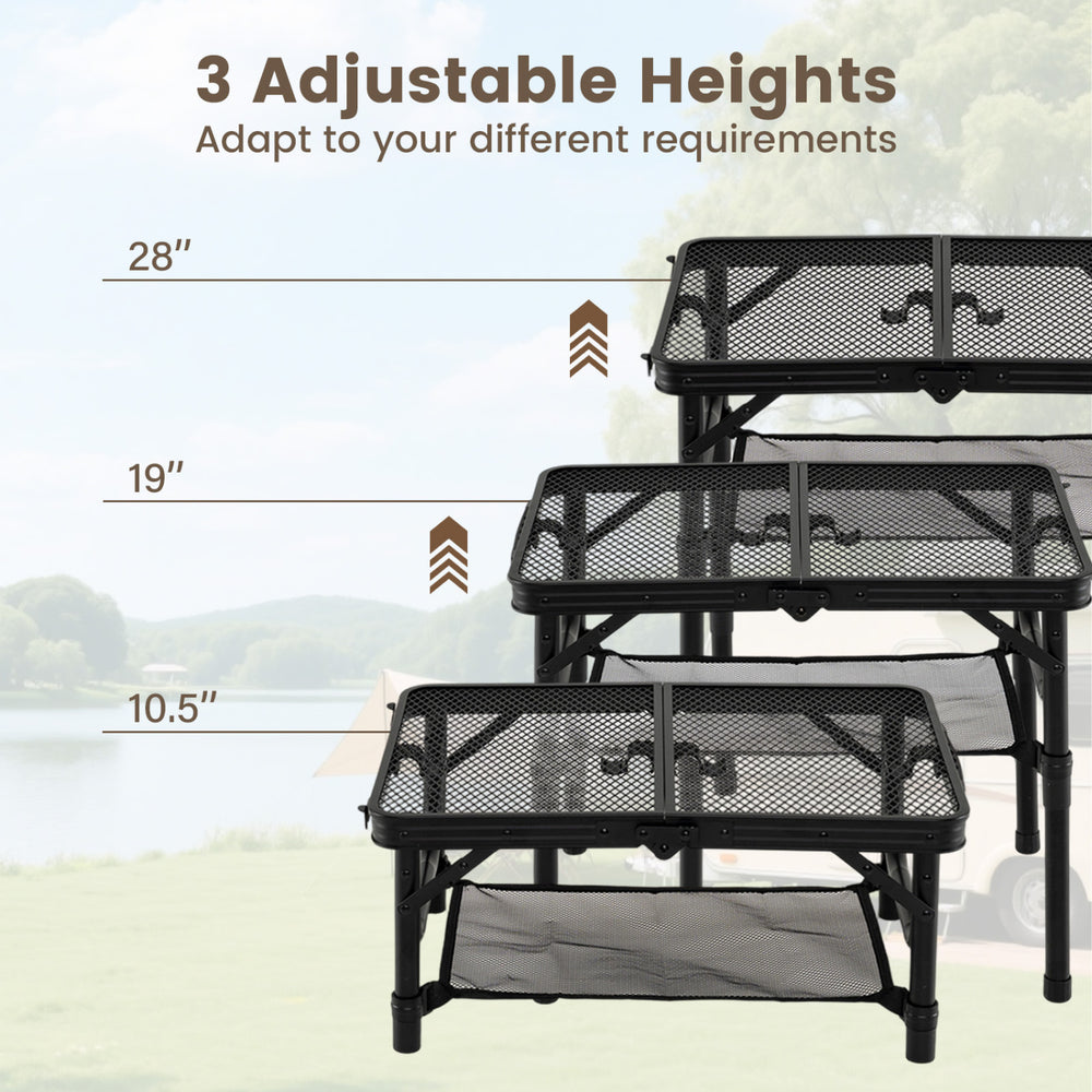 Folding camping table showcasing 3 adjustable heights, robust aluminum build, and large storage net for outdoor use.