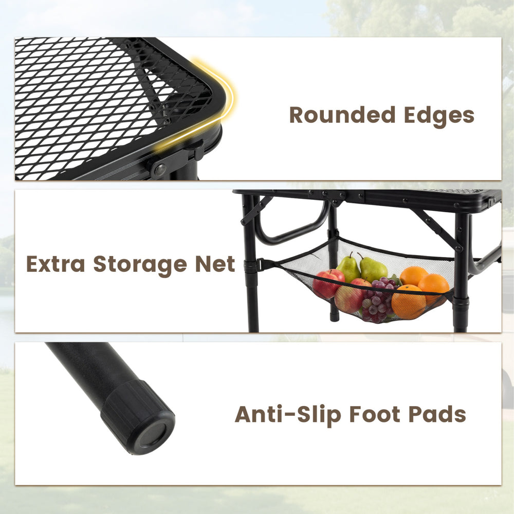 Detail of the folding camping table showcasing rounded edges, anti-slip foot pads, and large storage net for outdoor.