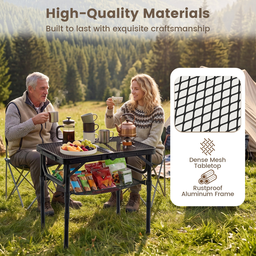 Folding camping table with adjustable height, rustproof aluminum frame, and large storage net for outdoor picnics.