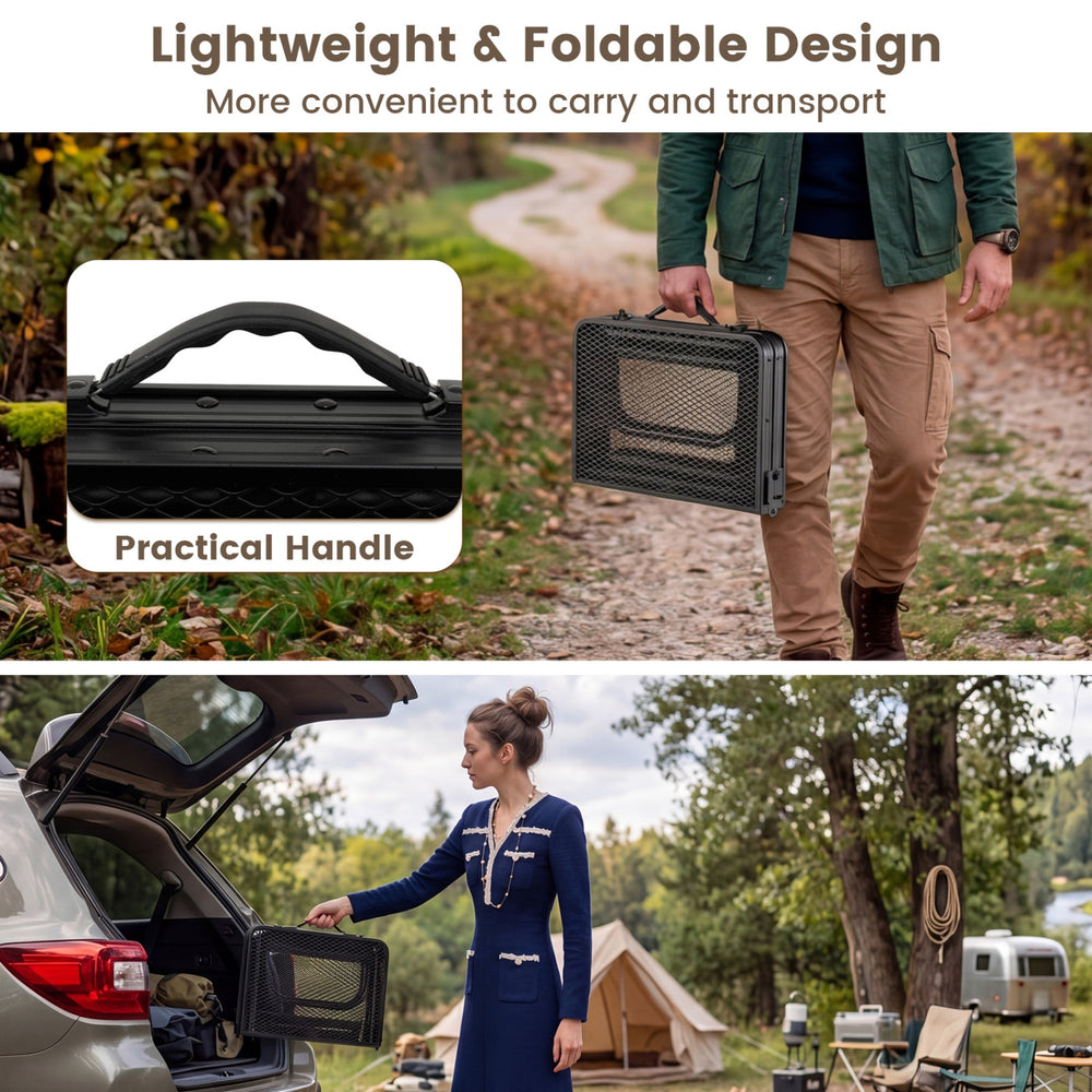 Folding camping table with adjustable height, lightweight aluminum build, and convenient handle for easy transport.