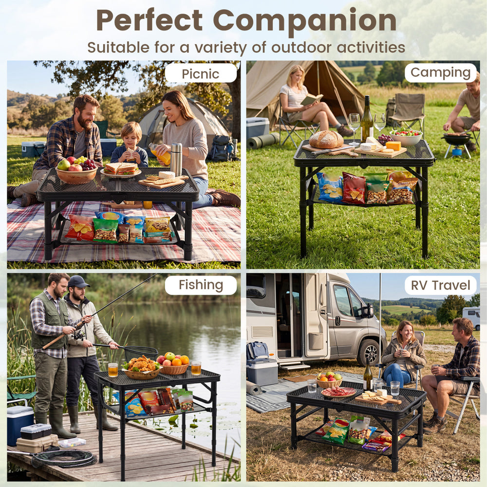 Folding camping table with adjustable height, large storage net, and aluminum build, ideal for outdoor activities.
