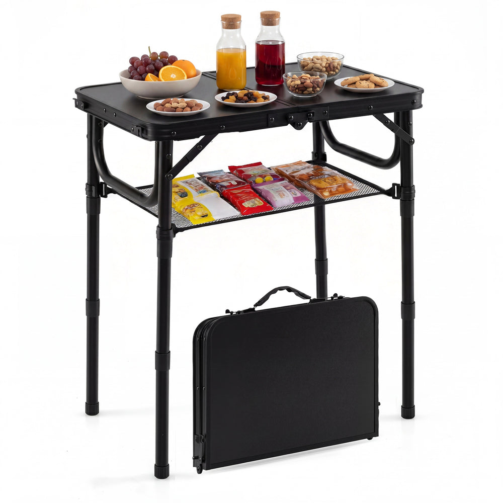 Folding camping table in black with large storage net, showcasing snacks and drinks, ideal for outdoor use.