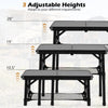 3-height folding camping table in black with adjustable heights of 28", 19", and 10.5" for versatile outdoor use.