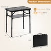 Folding camping table in black with three height options, large storage net, and handle for easy transport.